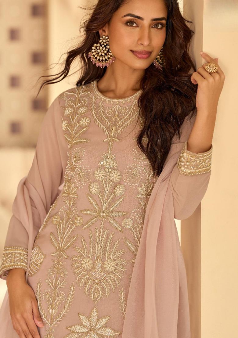 Peach Embroidery Georgette Kurta Set - Indya