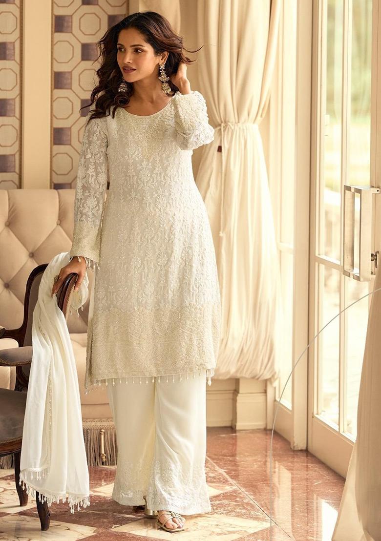White Embroidery Georgette Kurta Set - Indya