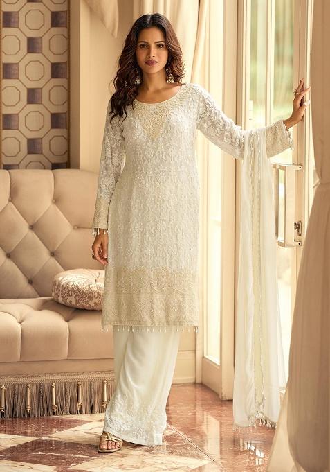 White Embroidery Georgette Kurta Set