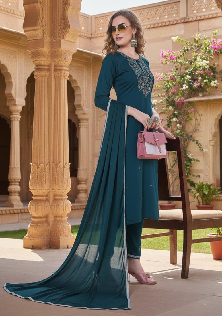 Blue Embroidered Silk Kurta Set - Indya