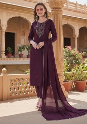 Wine Embroidered Silk Kurta Set
