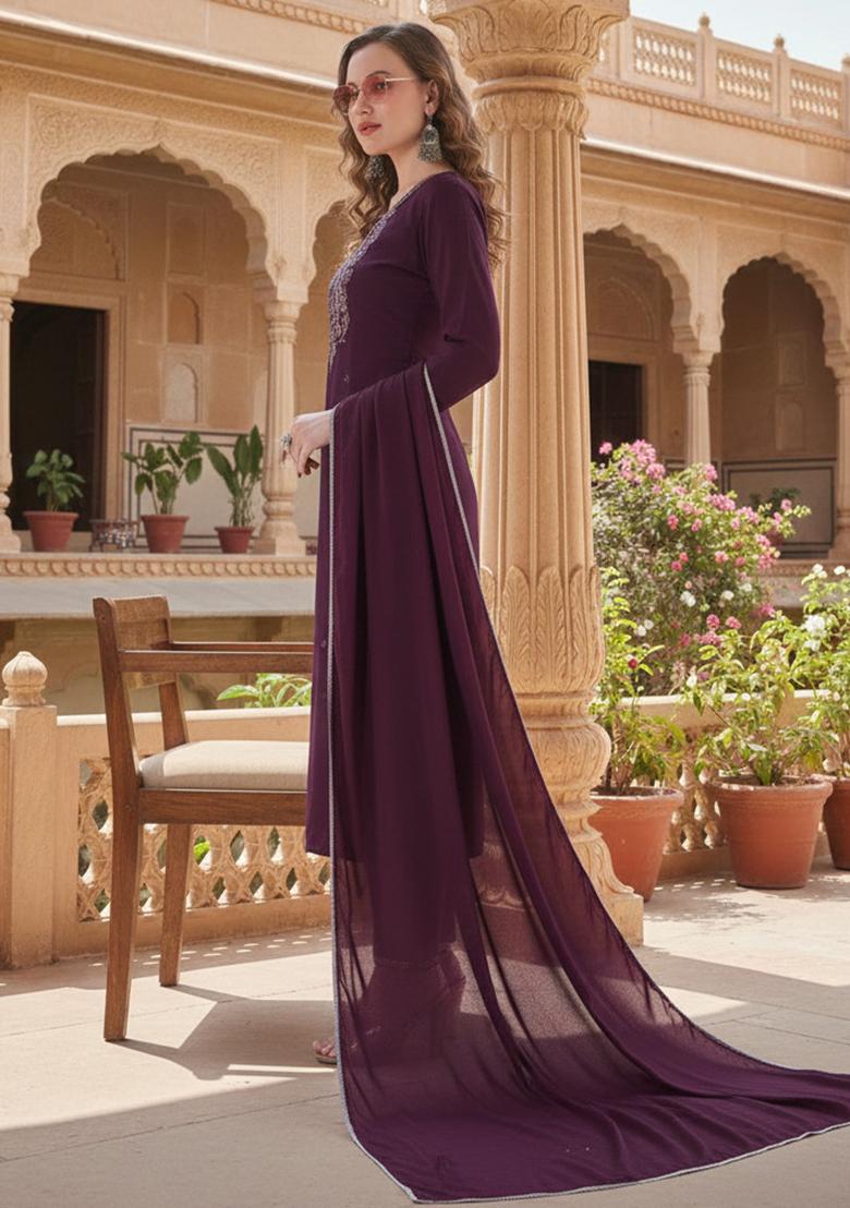 Wine Embroidered Silk Kurta Set - Indya