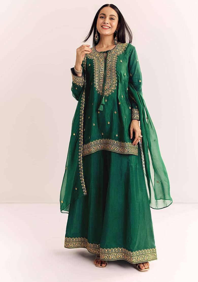 Green Thread Work Cotton Sharara Set - Indya