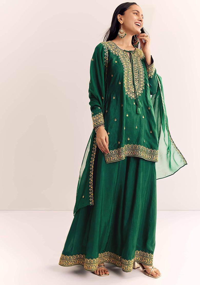 Green Embroidery Cotton Kurta Set - Indya