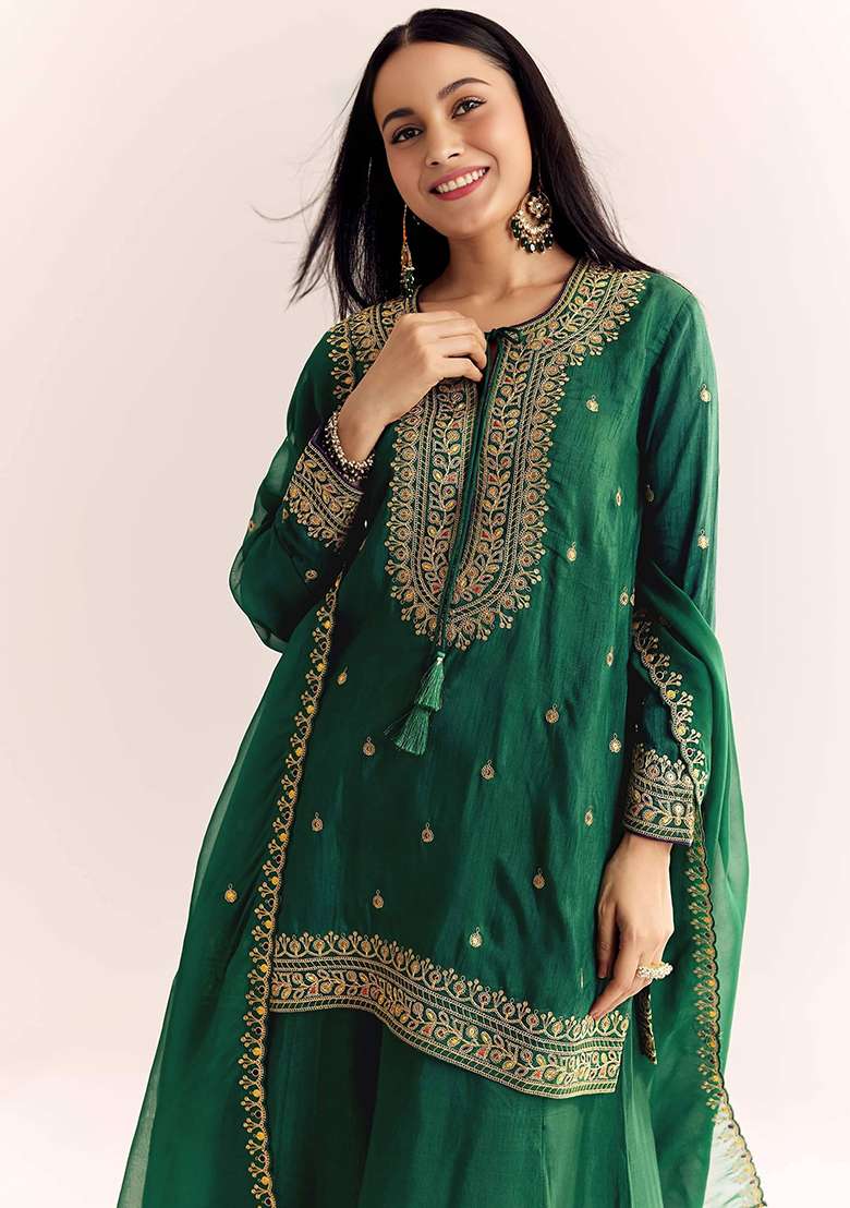 Green Thread Work Cotton Sharara Set - Indya