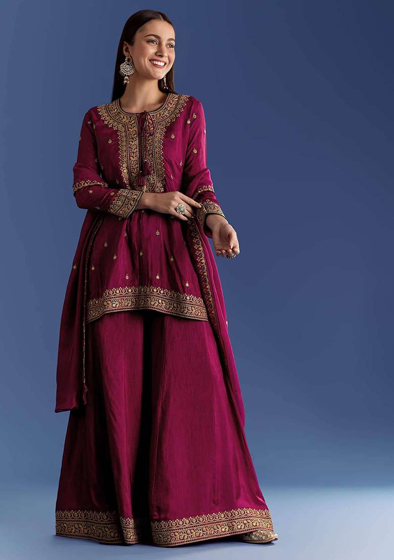 Maroon Thread Work Cotton Sharara Set - Indya