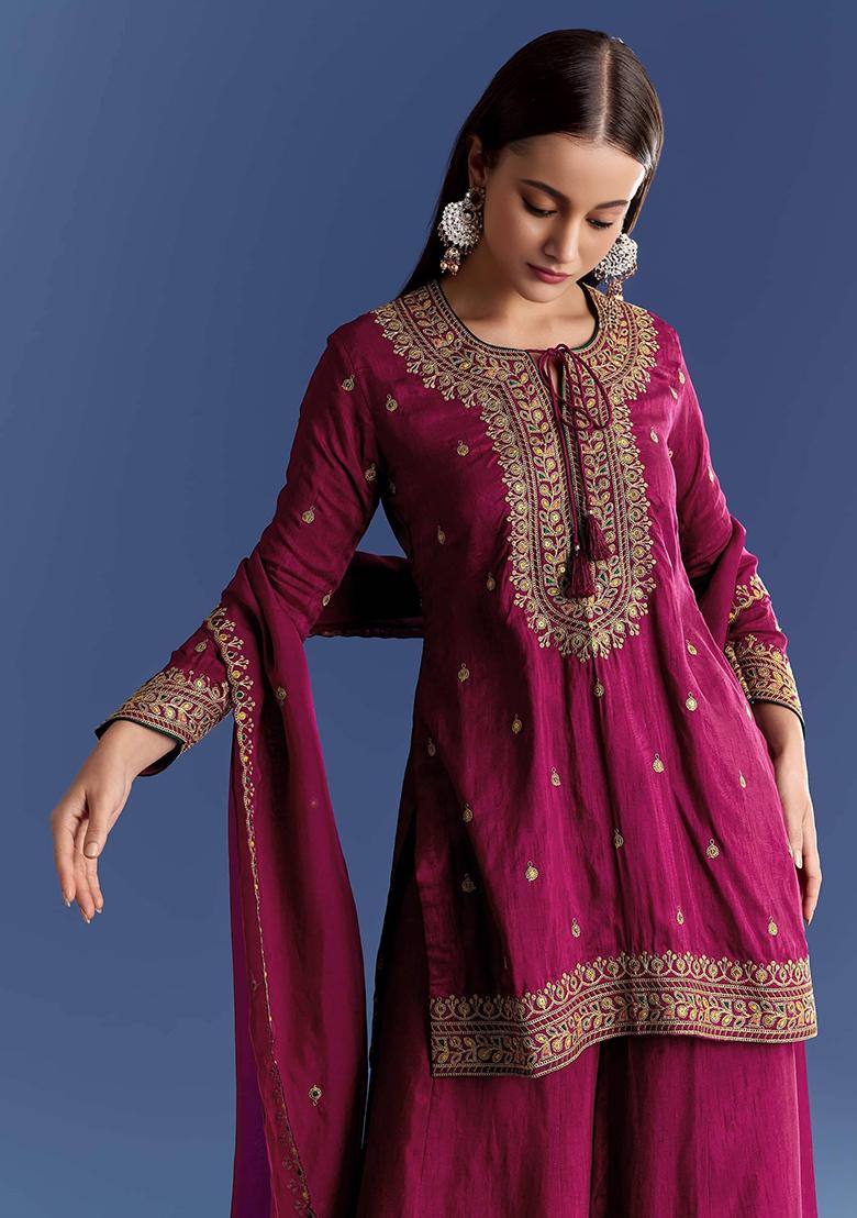 Maroon Embroidery Cotton Kurta Set - Indya