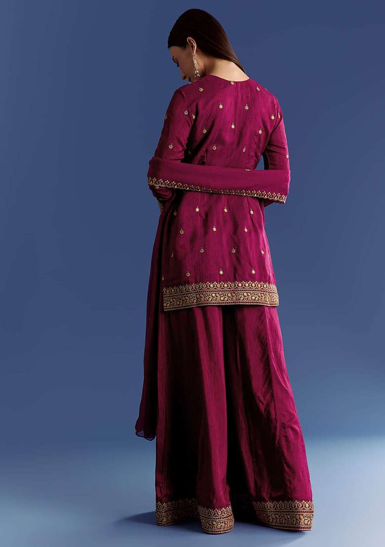 Maroon Thread Work Cotton Sharara Set - Indya