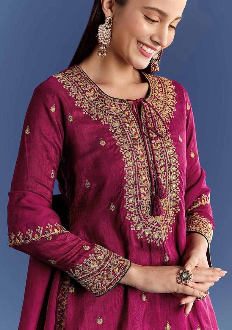 Maroon Embroidery Cotton Kurta Set - Indya