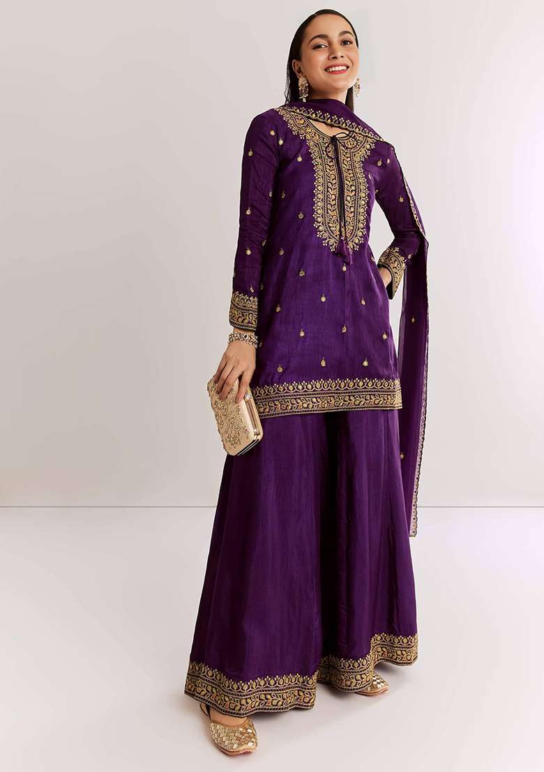Purple Thread Work Cotton Sharara Set - Indya