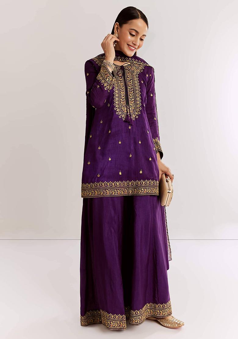 Purple Embroidery Cotton Kurta Set - Indya