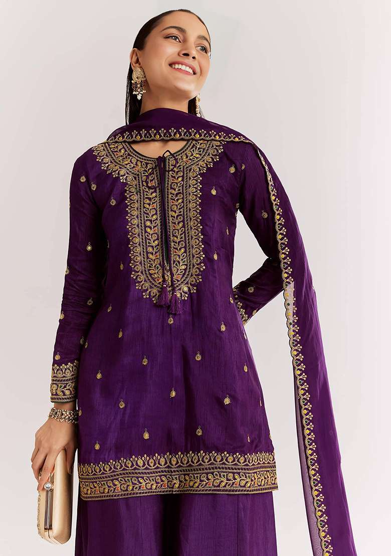 Purple Thread Work Cotton Sharara Set - Indya