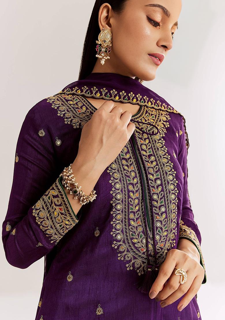 Purple Embroidery Cotton Kurta Set - Indya