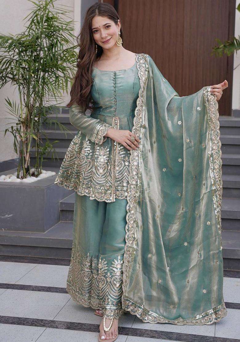 Teal Sequin Work Blended Pakistani Suit Set - Indya
