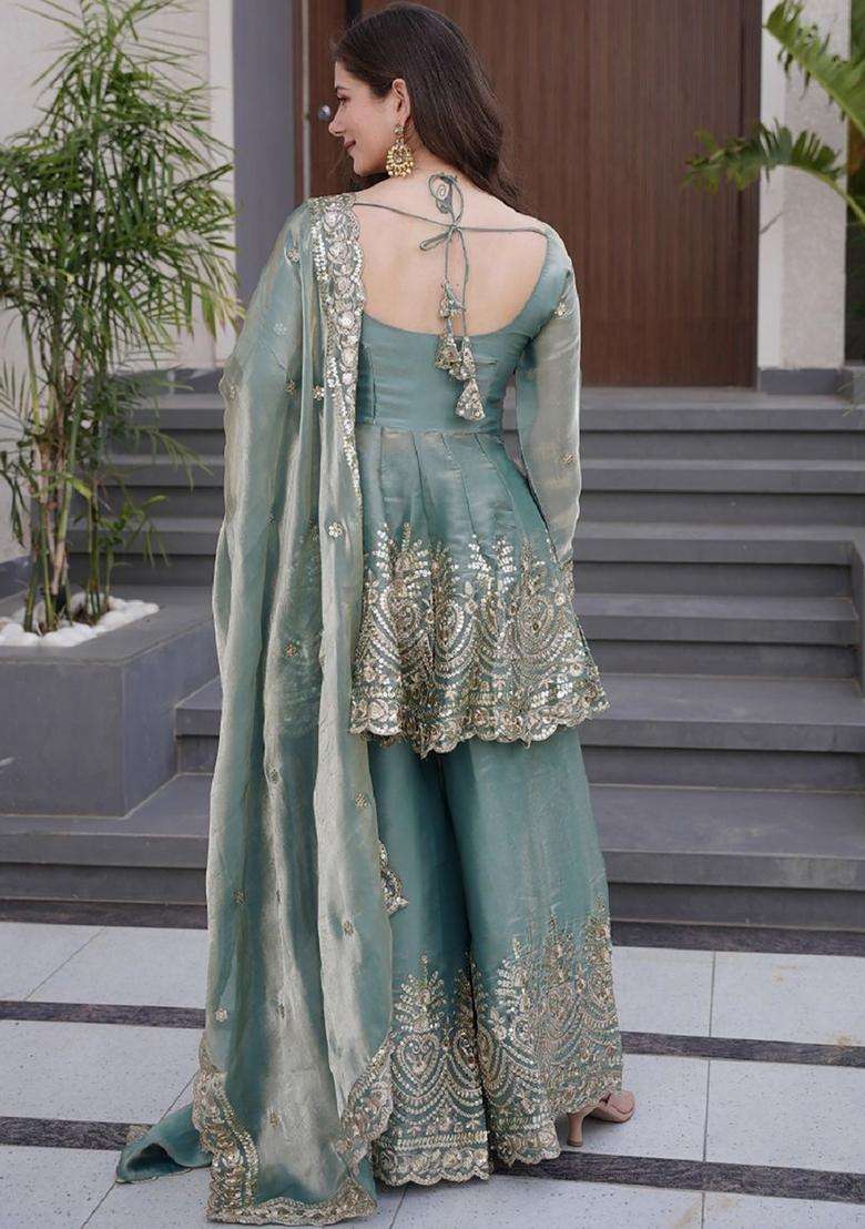 Teal Sequin Work Blended Pakistani Suit Set - Indya