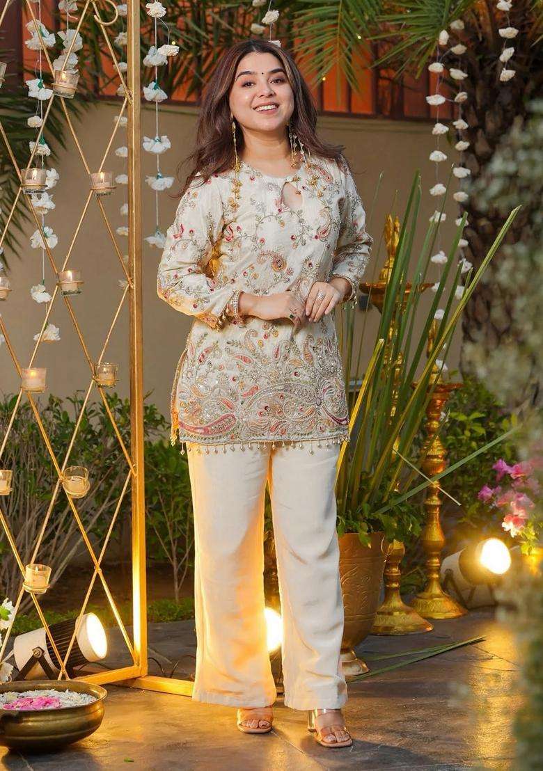 Off White Embroidered Crepe Co Ord Set - Indya