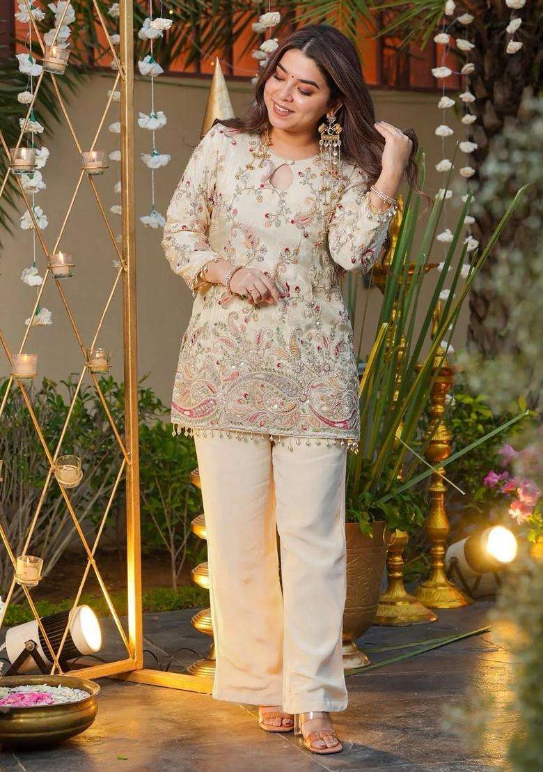 Off White Embroidered Crepe Co Ord Set - Indya