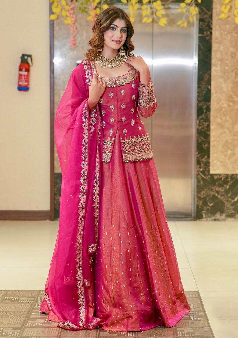 Pink Embroidery Silk Kurta Set - Indya