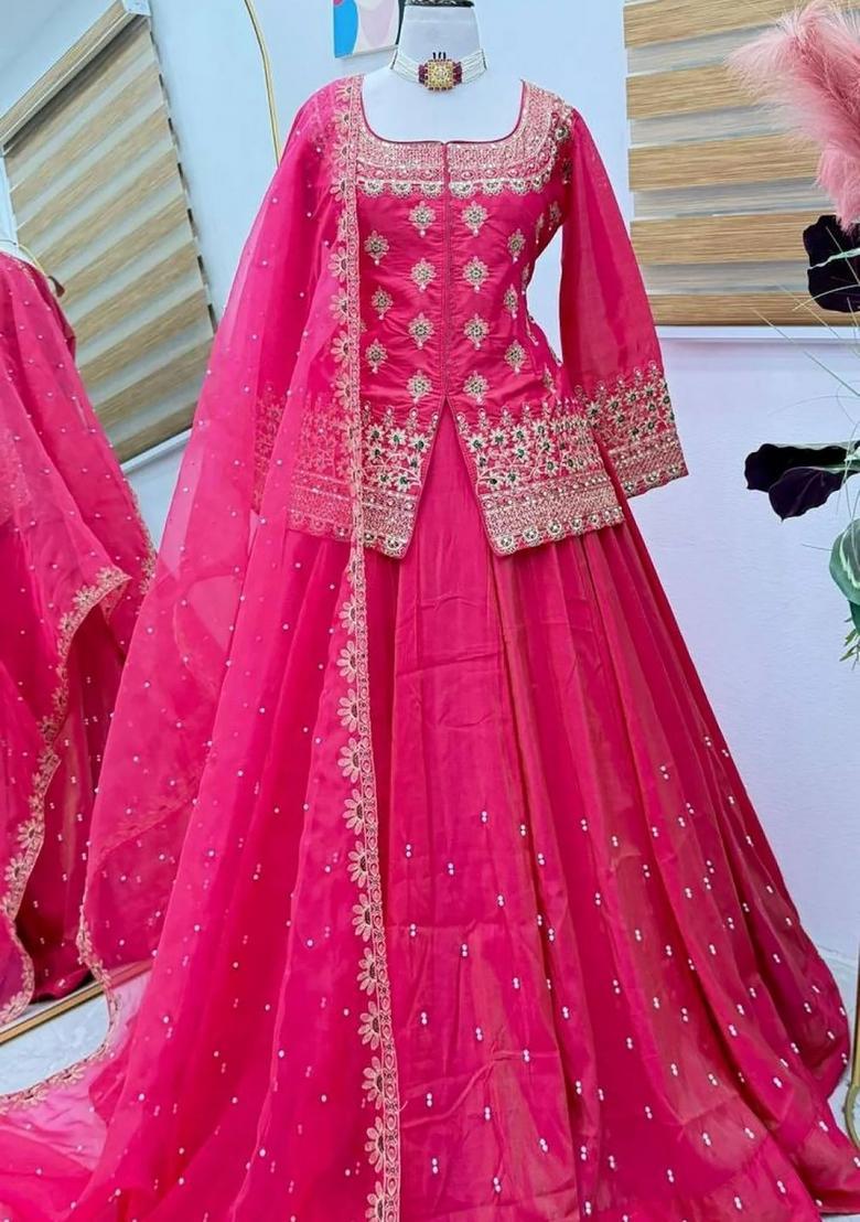 Pink Embroidery Silk Kurta Set - Indya