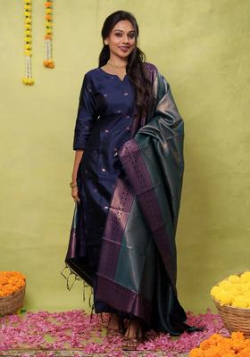 Blue Embroidery Crepe Kurta Set