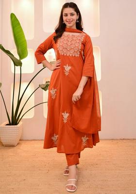 Orange Embroidery Crepe Kurta Set