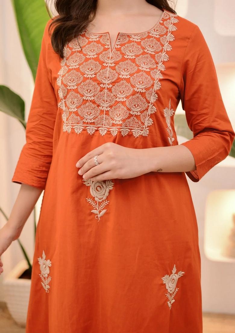 Orange Embroidery Crepe Kurta Set - Indya