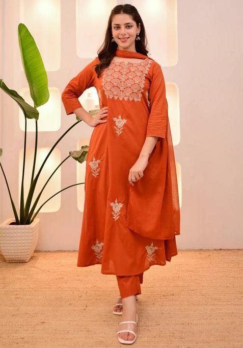 Orange Embroidery Crepe Kurta Set