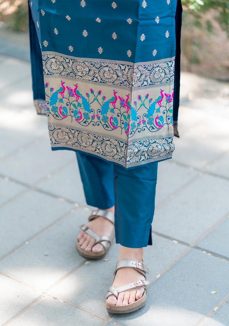 Blue Embroidery Crepe Kurta Set - Indya