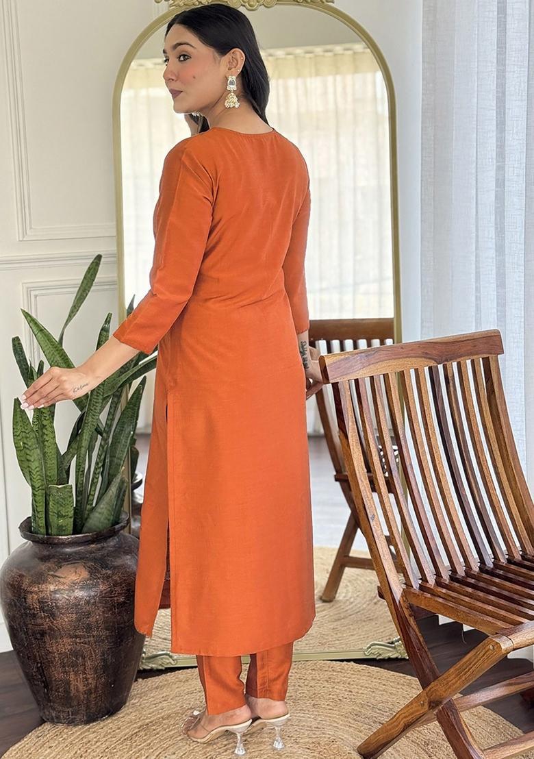 Orange Embroidery Crepe Kurta Set - Indya