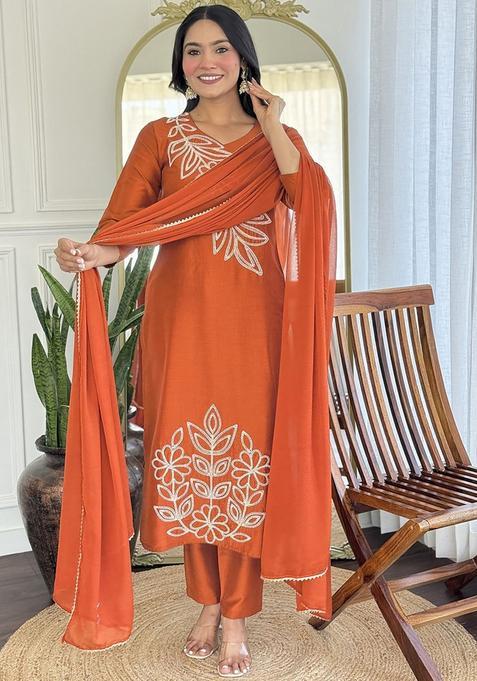 Orange Embroidery Crepe Kurta Set