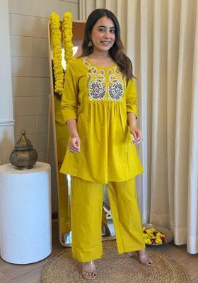 Mustard Embroidery Crepe Kurta Set