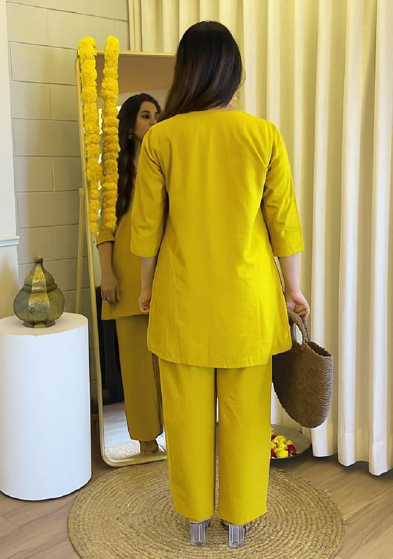 Mustard Embroidery Crepe Kurta Set - Indya
