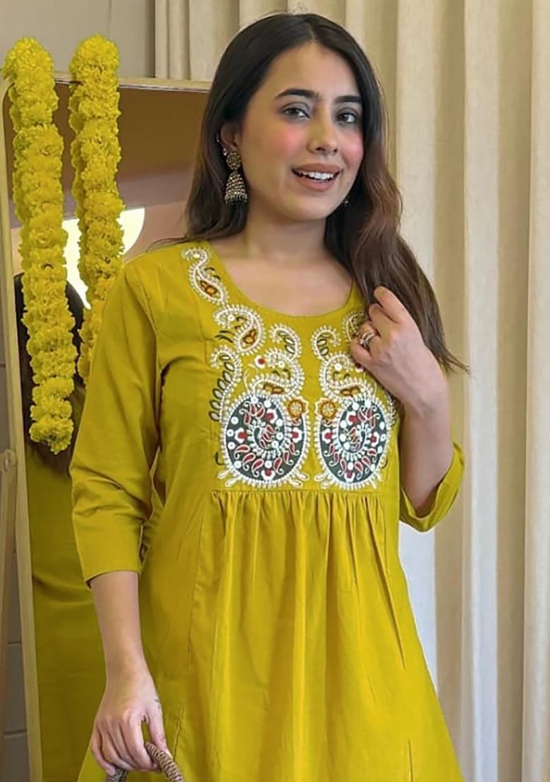Mustard Embroidery Crepe Kurta Set - Indya