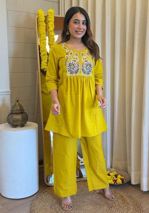 Mustard Embroidery Crepe Kurta Set