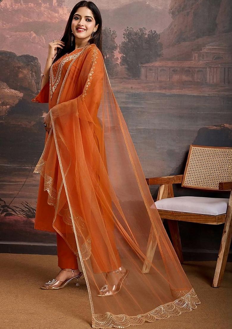 Orange Embroidery Crepe Kurta Set - Indya