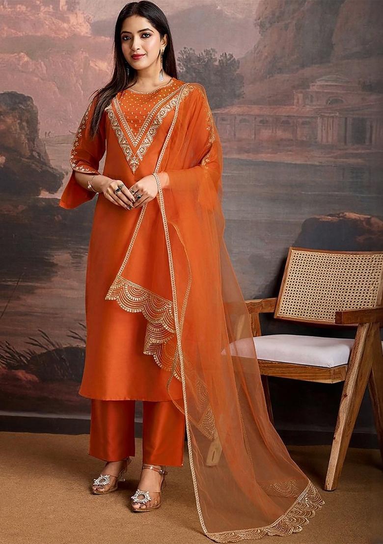 Orange Embroidery Crepe Kurta Set - Indya