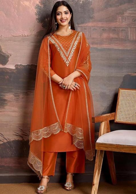 Orange Embroidery Crepe Kurta Set