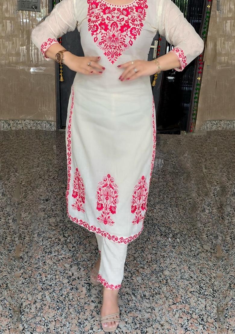White Embroidery Crepe Kurta Set - Indya