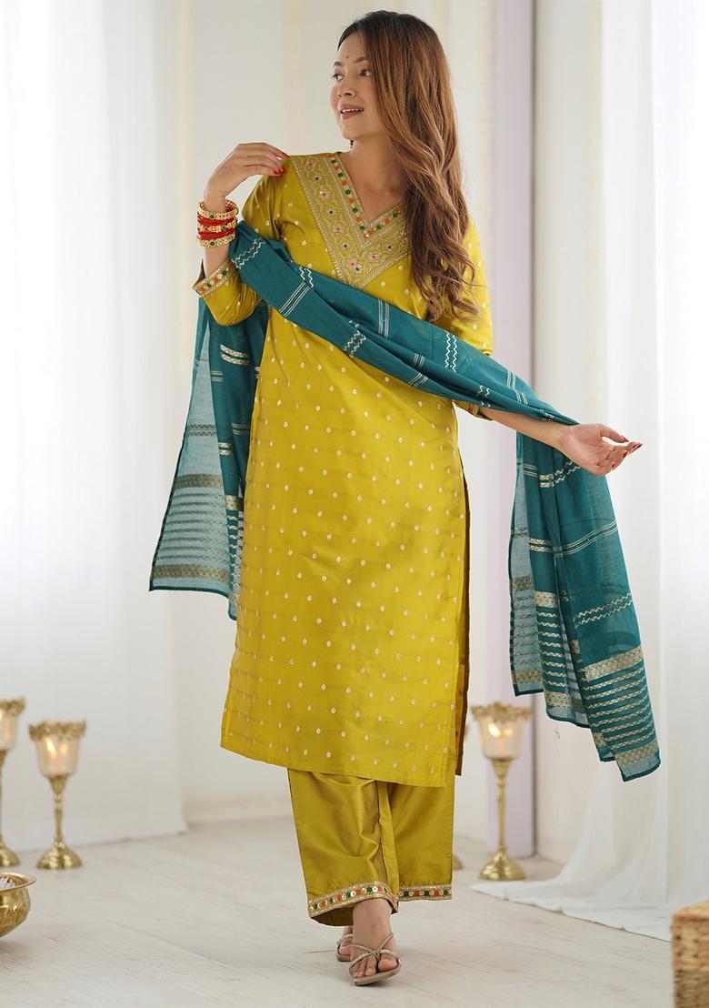 Mustard Embroidery Crepe Kurta Set - Indya