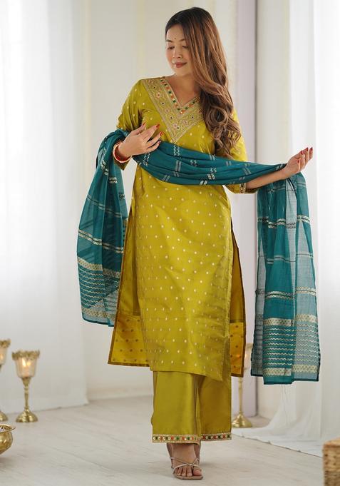 Mustard Embroidery Crepe Kurta Set