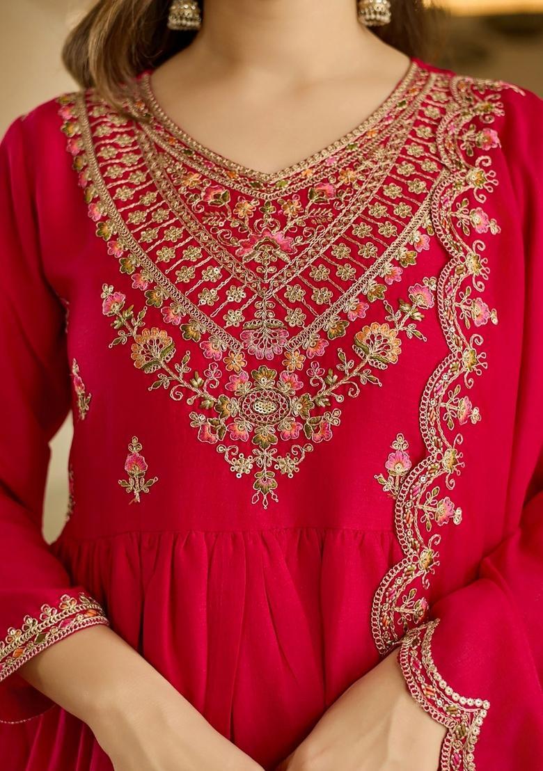 Red Embroidery Crepe Kurta Set - Indya