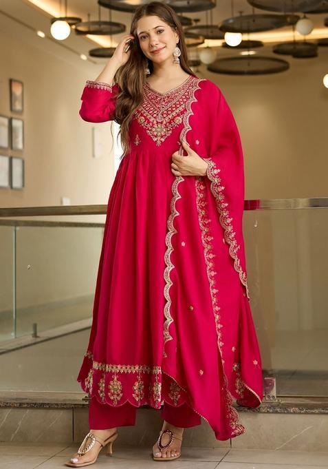 Red Embroidery Crepe Kurta Set