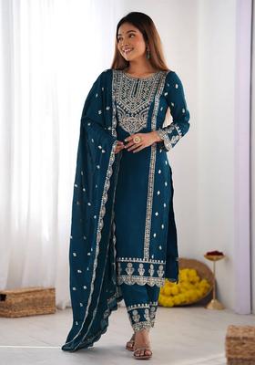 Blue Embroidery Crepe Kurta Set