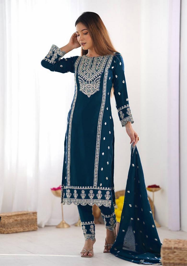 Blue Embroidery Crepe Kurta Set - Indya