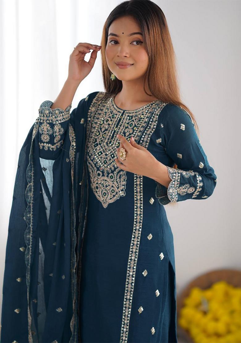 Blue Embroidery Crepe Kurta Set - Indya