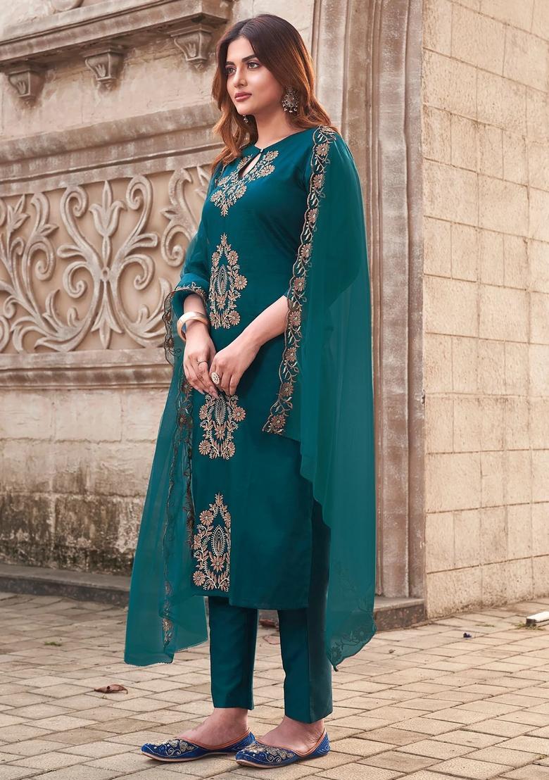 Cerulean Embroidery Crepe Kurta Set - Indya