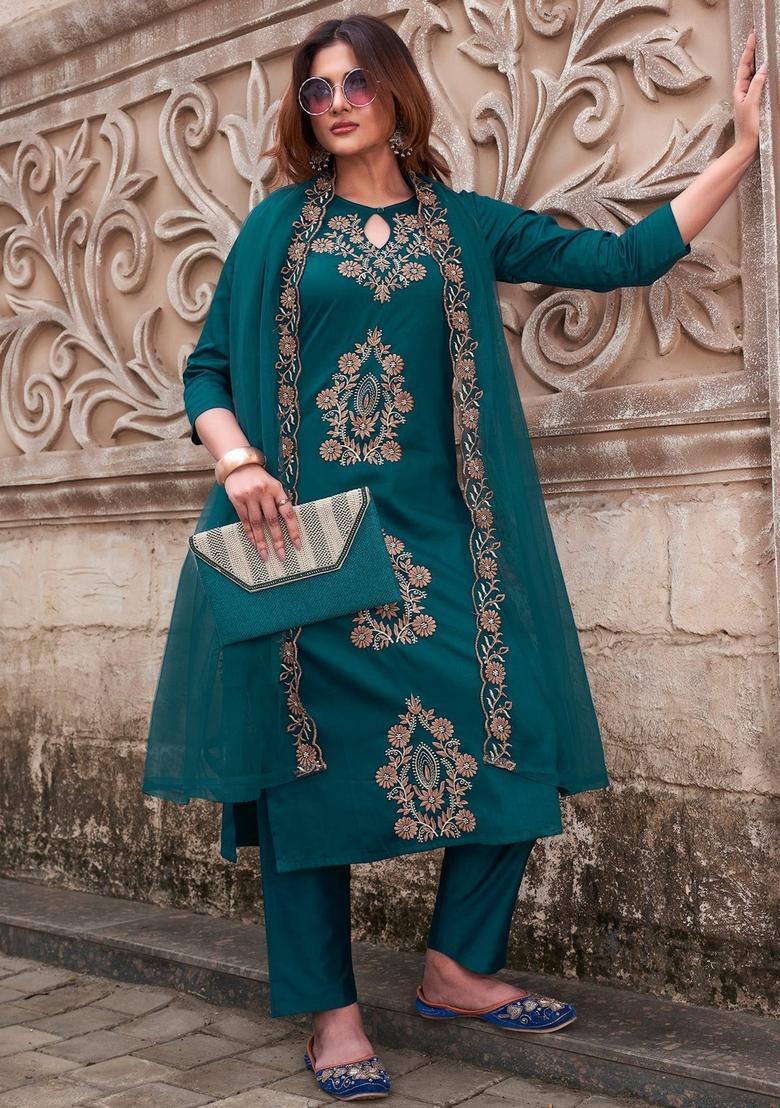 Cerulean Embroidery Crepe Kurta Set - Indya