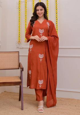 Orange Embroidery Crepe Kurta Set