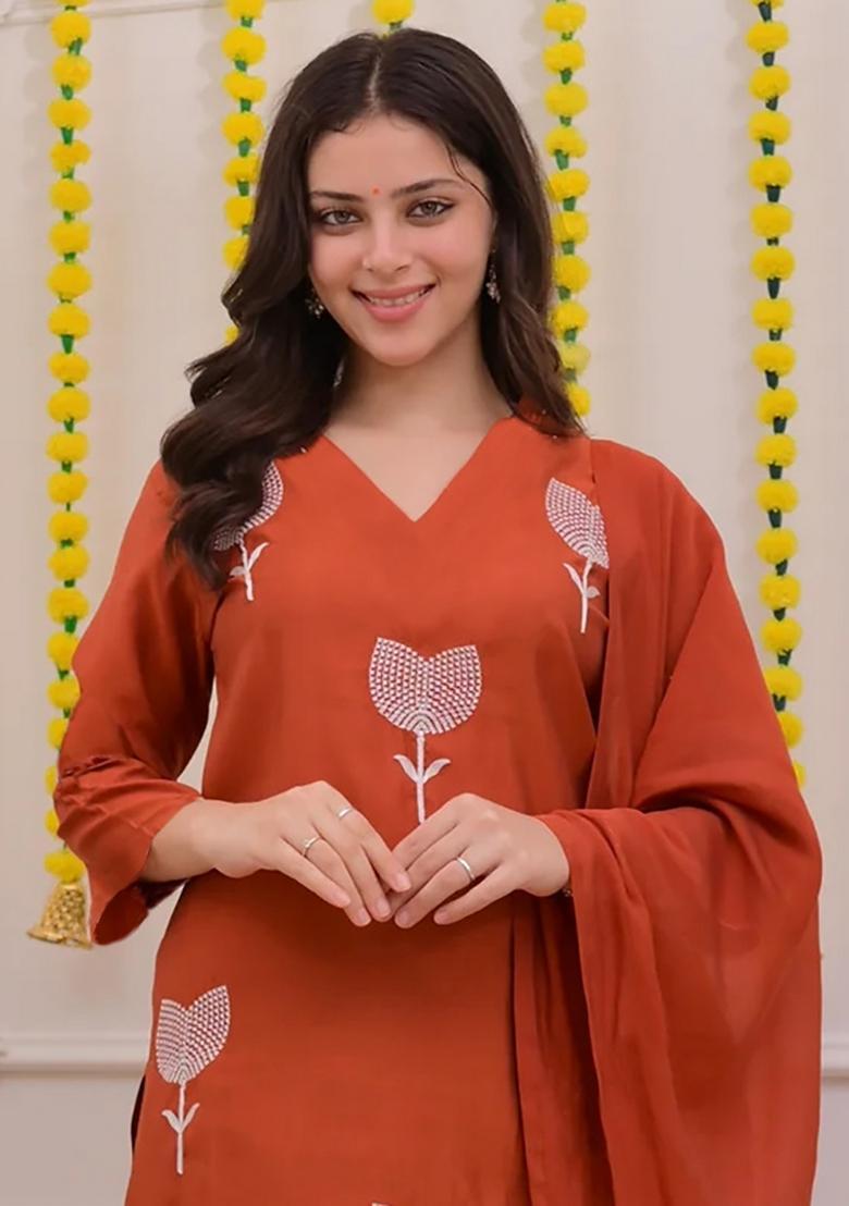 Orange Embroidery Crepe Kurta Set - Indya
