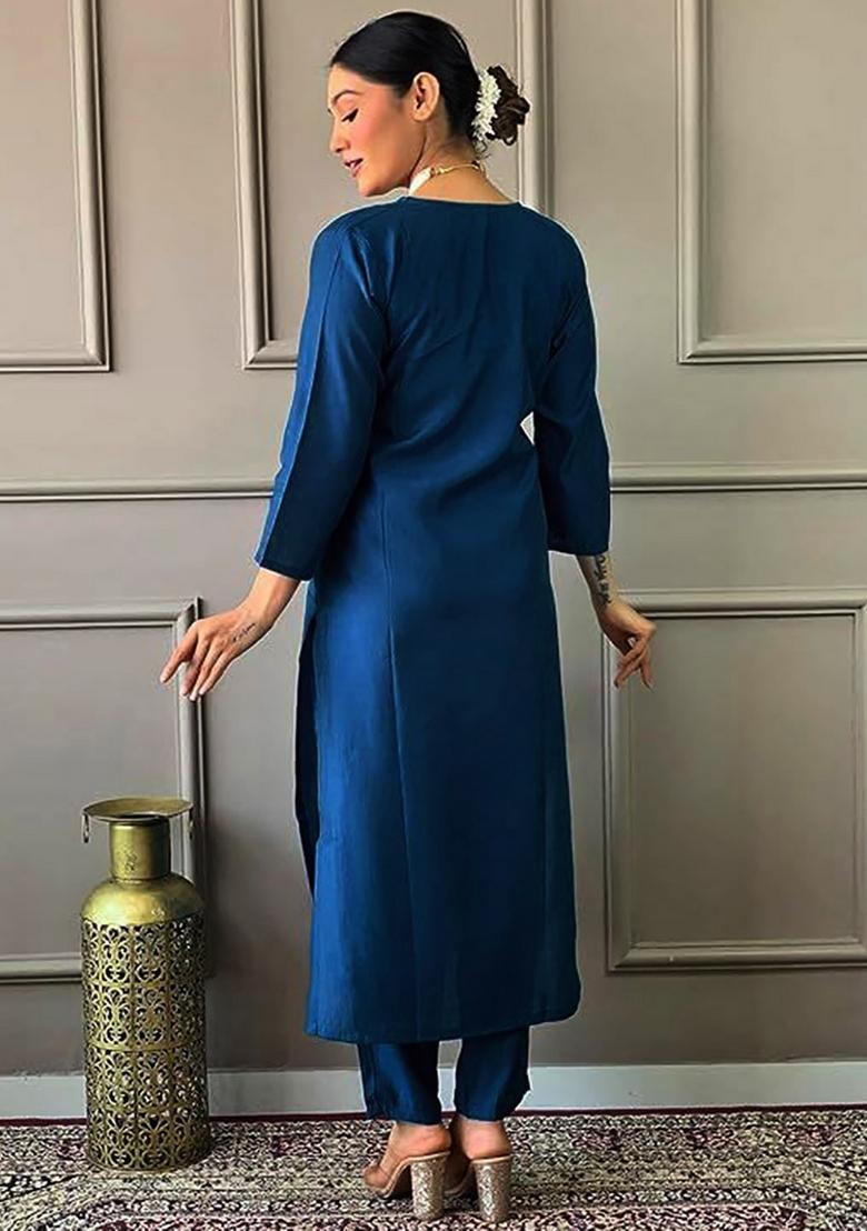 Blue Embroidery Crepe Kurta Set - Indya